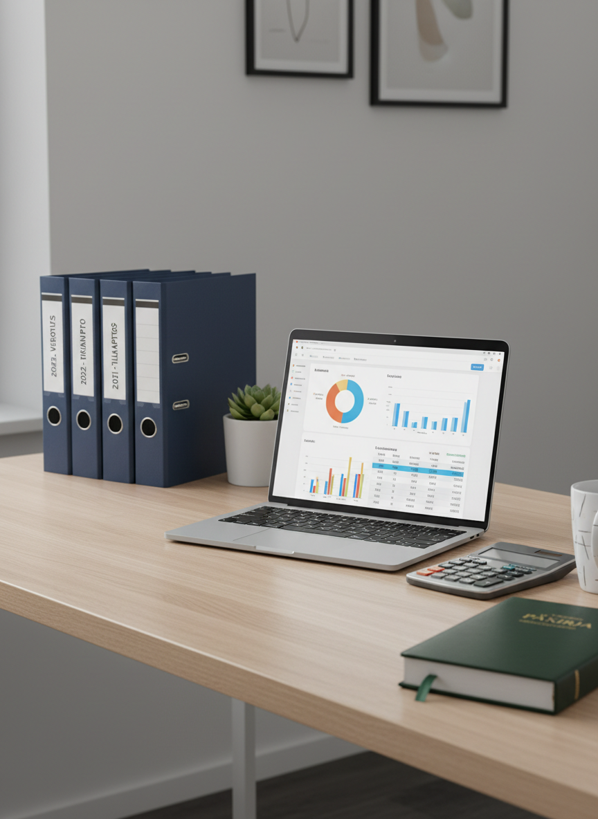 A clean, organized accounting workspace featuring a sleek light oak desk with a matte finish, a slim modern laptop displaying a clear financial dashboard with bar charts and balance sheets, and a neatly stacked set of navy-blue binders labeled with years and Finnish tax terms. A small, minimalist plant in a white ceramic pot adds a touch of green beside a silver calculator and a closed ledger book. Soft natural daylight from an unseen window creates gentle, even illumination and subtle shadows, emphasizing clarity and order. Photographic realism, shot at eye level with a slight angle, sharp focus throughout, and a calm, professional atmosphere that suggests reliable financial management for small and medium-sized businesses.