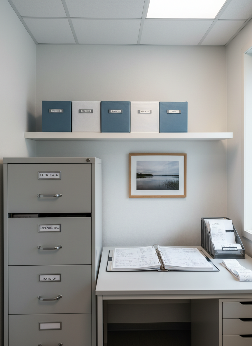An inviting small business office environment with a compact, neatly arranged bookkeeping station: a sturdy light gray filing cabinet with clearly labeled folders, an open binder showing orderly ledger entries, and a stack of archived receipts held by a brushed steel clip. On the wall behind, a simple framed print of a calm Finnish lakeside landscape hangs above a floating shelf with neatly arranged blue and white storage boxes. Soft, cool-toned overhead lighting combined with a hint of natural window light produces balanced, shadow-free illumination. Photographic realism, captured from an eye-level perspective with balanced composition and moderate depth of field, conveying reliability, structure, and the long-term care of clients’ financial documents typical of a professional tilitoimisto.