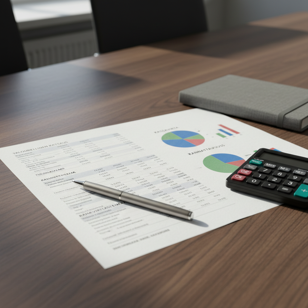 A close-up, photographic realistic view of a detailed financial report printed on crisp white paper, neatly spread across a dark walnut conference table. The report shows clear Finnish headings, balance sheets, and colored graphs indicating cash flow and profitability. A brushed metal pen lies diagonally across the main page, next to a slim, modern calculator and a closed, gray fabric-covered notebook. Diffused afternoon light from a nearby window casts soft highlights on the paper and gentle shadows along the table grain. Captured from a slightly elevated angle with shallow depth of field, the foreground text is pin-sharp while the background subtly blurs, creating a focused, professional, and trustworthy atmosphere for a financial services website.