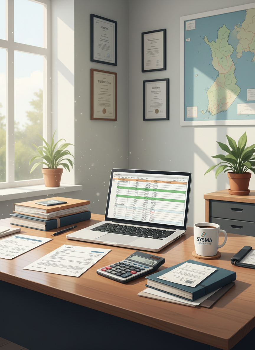 Professional, calm portrait-oriented photo-style illustration of an accounting office in Sysmä, Finland: a tidy desk with a laptop, calculator, financial documents and a coffee mug, soft natural light, colors matching a trustworthy small business accounting firm.